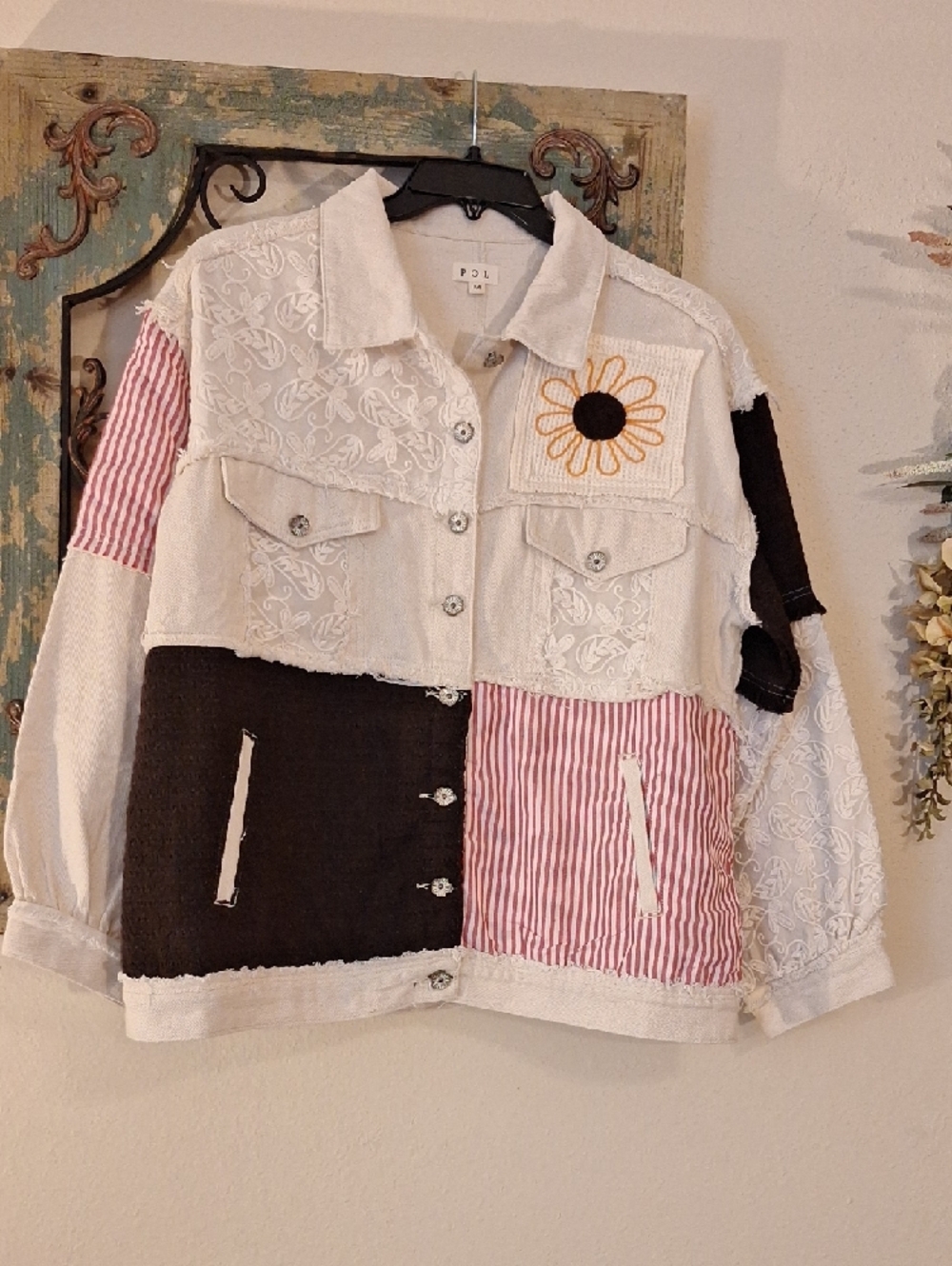 POL Patchwork Jacket in Cream/Pink/Blk Daisy Embroidery. Various Sizes NWT - Picture 11 of 15
